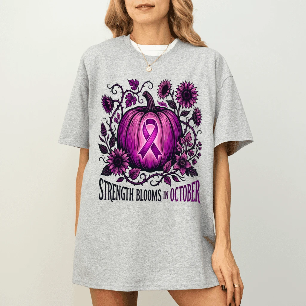 Strength Blooms In October Pink Ribbon Pumpkin T-shirt for Women | Cute Breast Cancer Awareness Gift - detail view