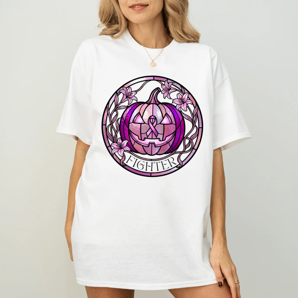 Pink Ribbon Halloween Pumpkin T-shirt| Breast Cancer Fighter Gift for Her - back view