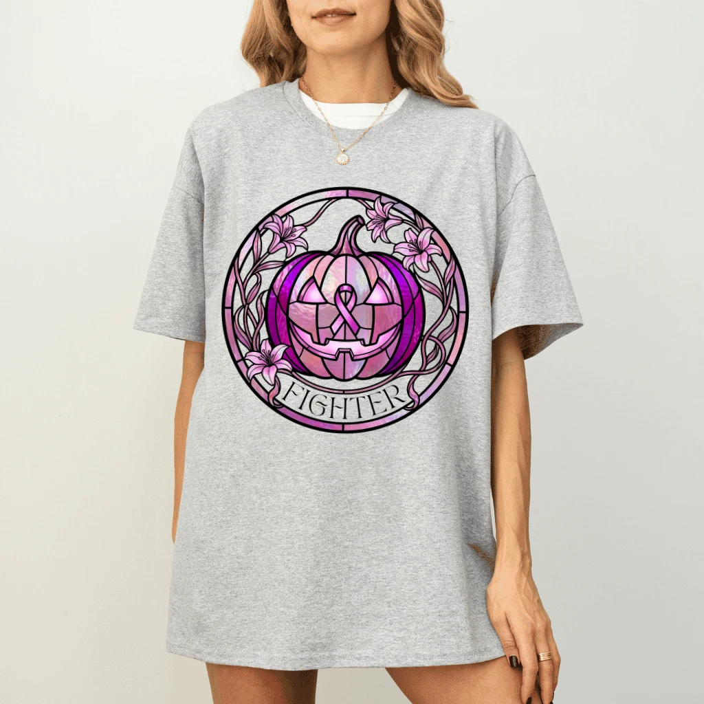 Pink Ribbon Halloween Pumpkin T-shirt| Breast Cancer Fighter Gift for Her - detail view