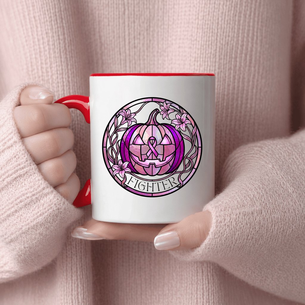 Pink Ribbon Halloween Pumpkin Accent Mug| Breast Cancer Fighter Gift for Her - detail view