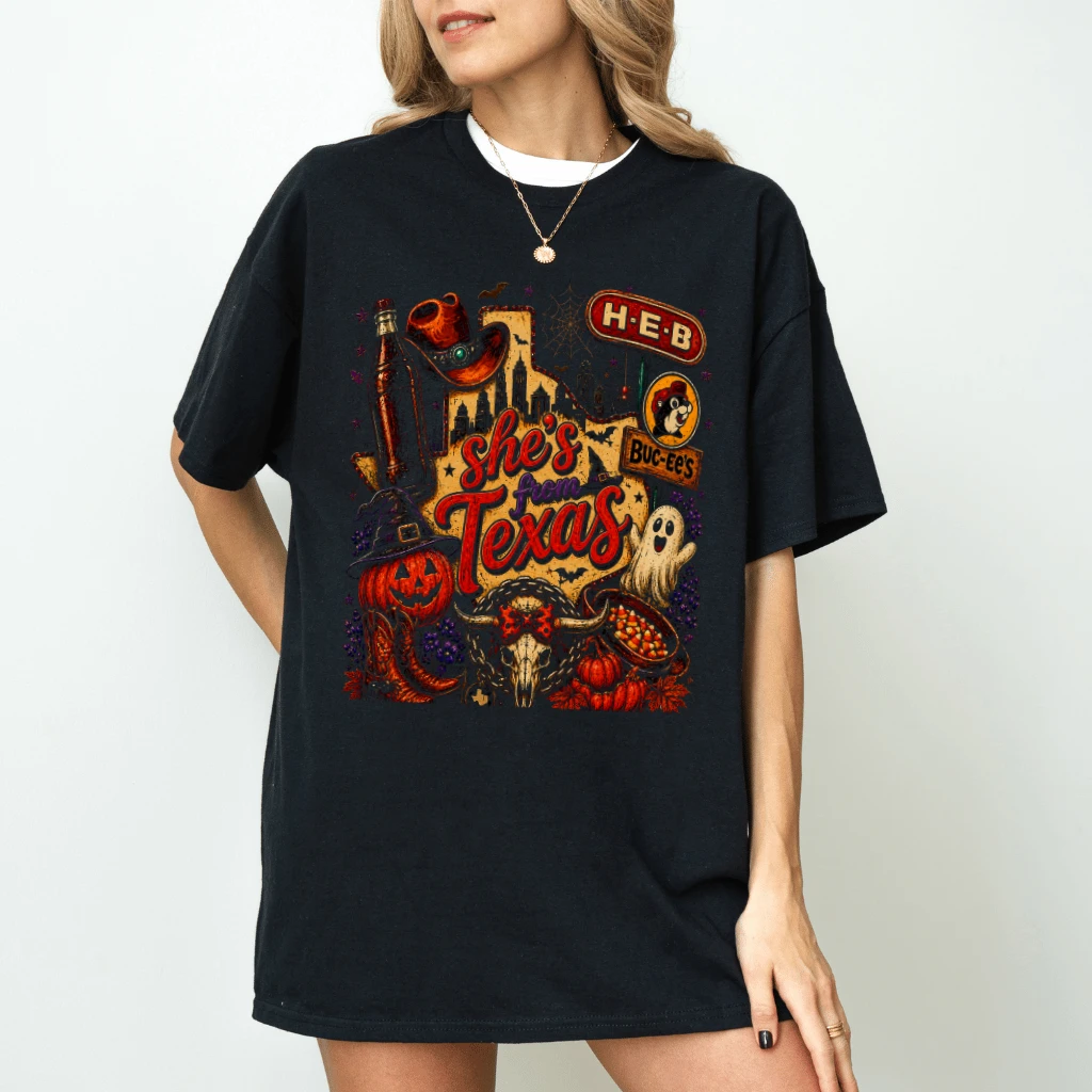 Trendy She's From Texas Halloween T-shirt | Texas Spooky Halloween Gift for Her - back view