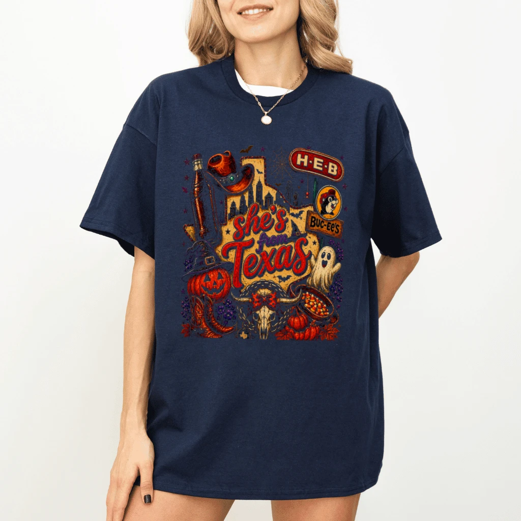 Trendy She's From Texas Halloween T-shirt | Texas Spooky Halloween Gift for Her - detail view