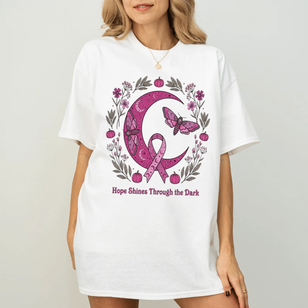 Hopes Shines Through The Dark Moon Phase Pink Ribbon T-shirt | Breast Cancer Gifts for Her - back view