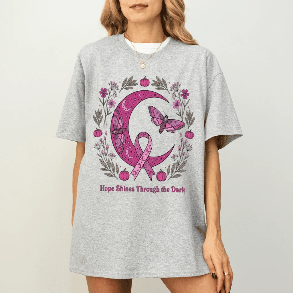 Hopes Shines Through The Dark Moon Phase Pink Ribbon T-shirt | Breast Cancer Gifts for Her - detail view
