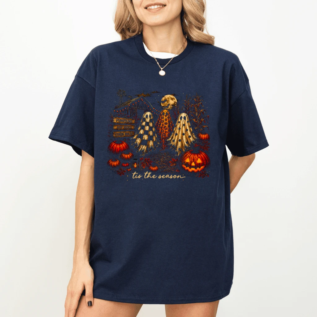 Tis The Season Western Halloween Ghost T-shirt| Spooky Halloween Gift for Her - detail view