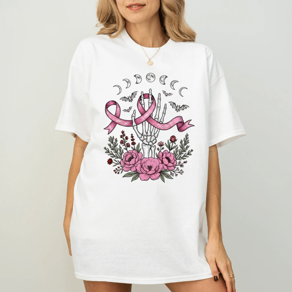Floral Skeleton Pink Ribbon Halloween T-shirt| Halloween Breast Cancer Awareness Gift for Her - back view