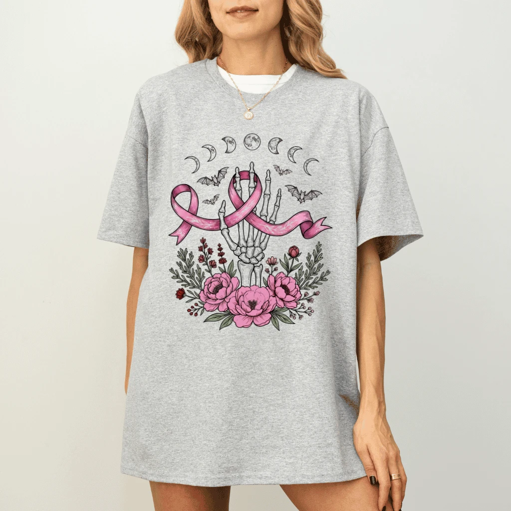 Floral Skeleton Pink Ribbon Halloween T-shirt| Halloween Breast Cancer Awareness Gift for Her - detail view