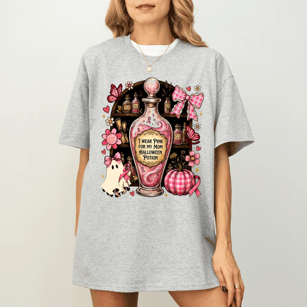 I Wear Pink For My Mom Breast Cancer Halloween T-shirt| Pink Halloween Gift for Her - detail view