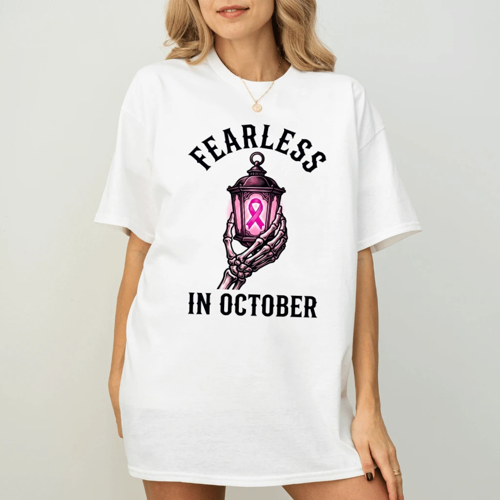 Fearless In October Halloween Pink Ribbon T-shirt | Breast Cancer Gifts for Her - back view