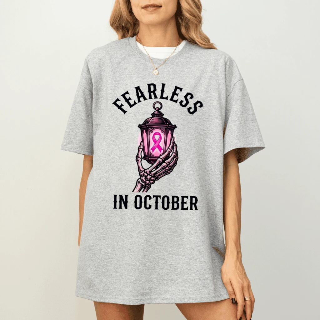Fearless In October Halloween Pink Ribbon T-shirt | Breast Cancer Gifts for Her - detail view