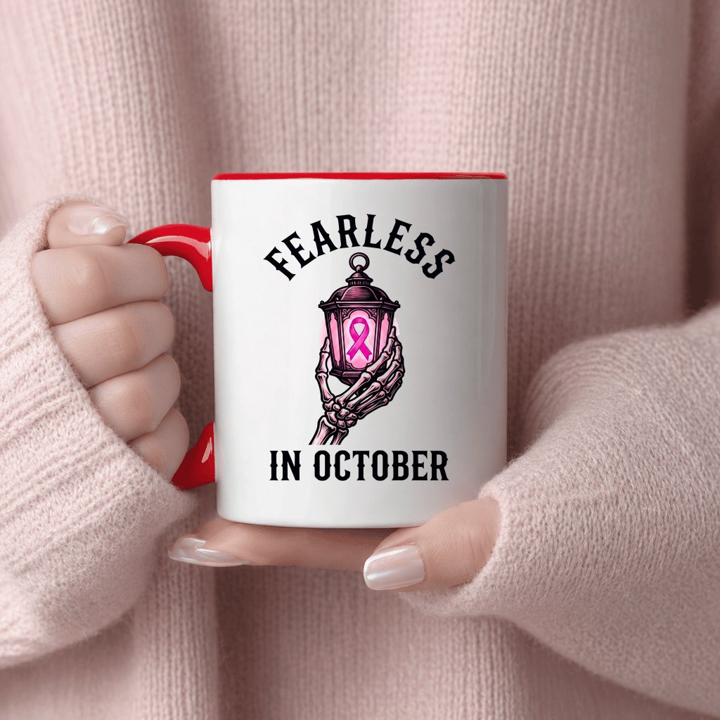 Fearless In October Halloween Pink Ribbon Accent Mug| Breast Cancer Gifts for Her - detail view