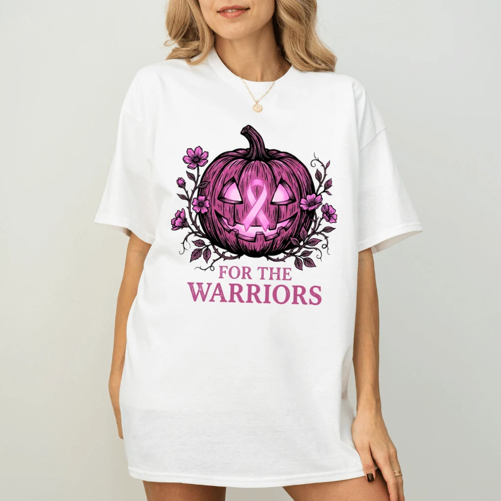 Pink Ribbon for the Warriors Breast Cancer Halloween T-shirt| Pink Pumpkin Gift for Breast Cancer Fighter - back view