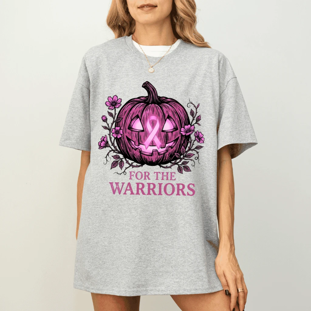 Pink Ribbon for the Warriors Breast Cancer Halloween T-shirt| Pink Pumpkin Gift for Breast Cancer Fighter - detail view