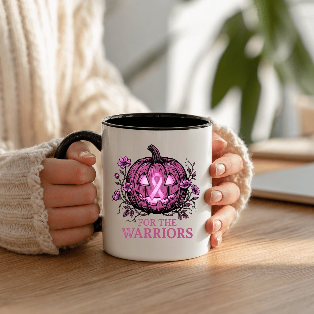 Pink Ribbon for the Warriors Breast Cancer Halloween Accent Mug| Pink Pumpkin Gift for Breast Cancer Fighter - detail view