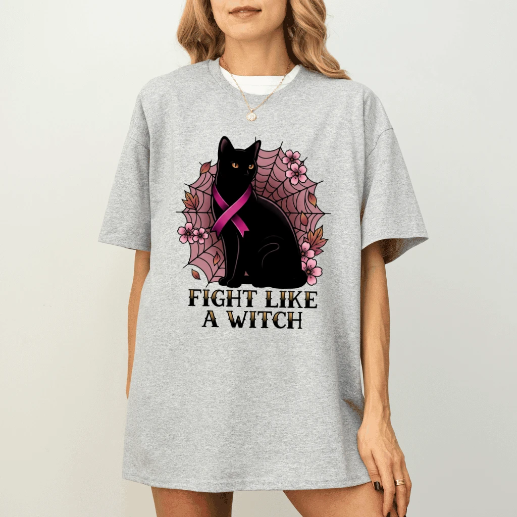Fight Like A Witch Halloween Black Cat Pink Ribbon T-shirt | Breast Cancer Gifts for Her - back view
