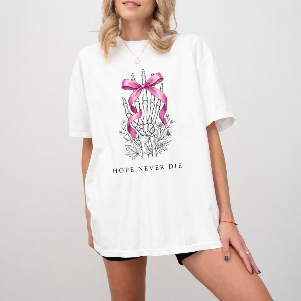 Comfort Colors Hope Never Die Halloween Skeleton Hand Pink Ribbon Shirt| Breast Cancer Gifts for Her - back view