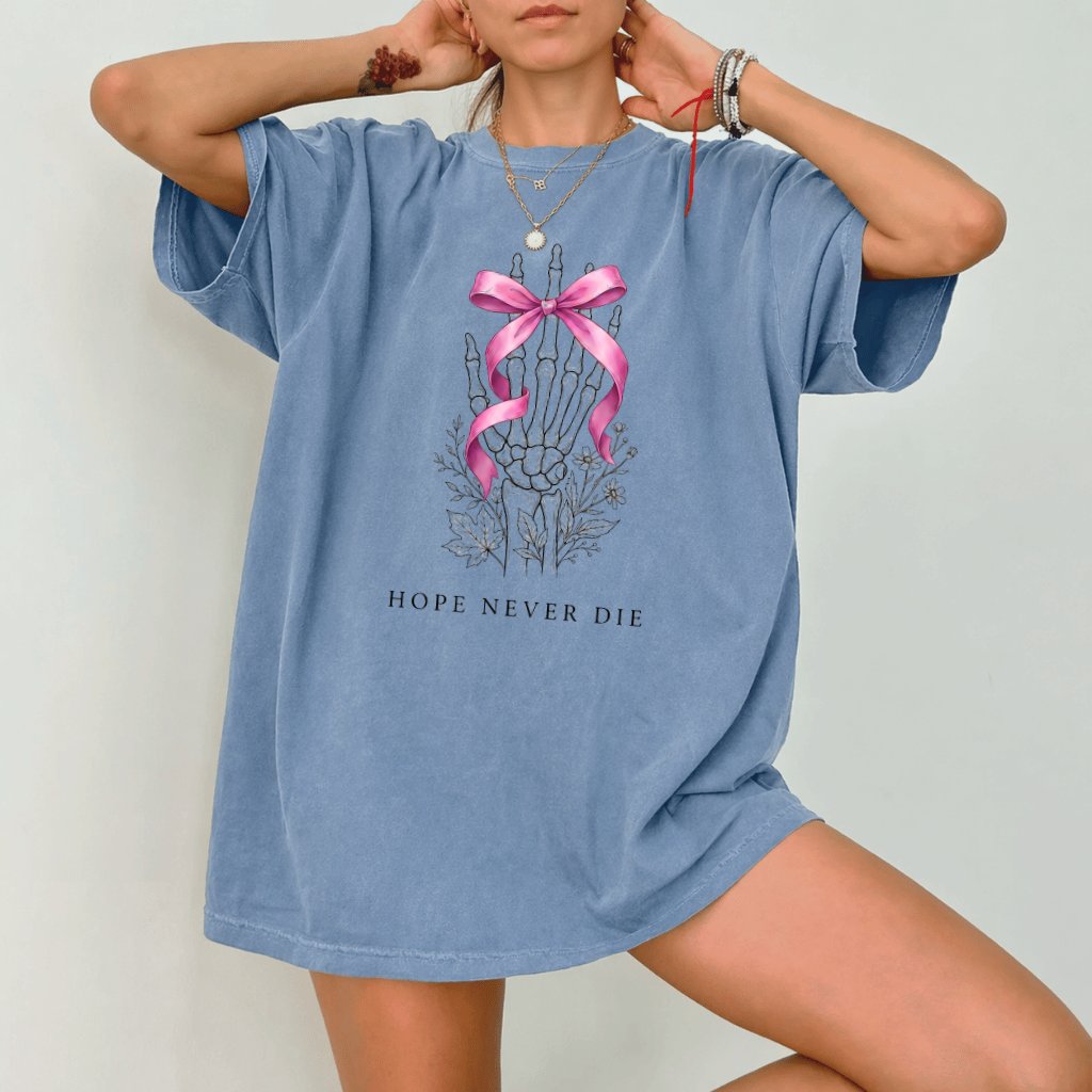 Comfort Colors Hope Never Die Halloween Skeleton Hand Pink Ribbon Shirt| Breast Cancer Gifts for Her - detail view