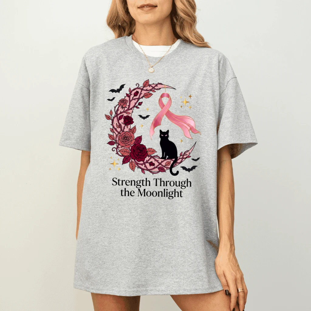 Strength Through The Moonlight Witchy Halloween Breast Cancer T-shirt | Pink Halloween Gift for Her - back view