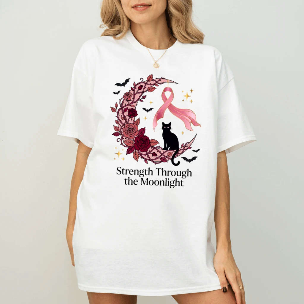 Strength Through The Moonlight Witchy Halloween Breast Cancer T-shirt | Pink Halloween Gift for Her - detail view
