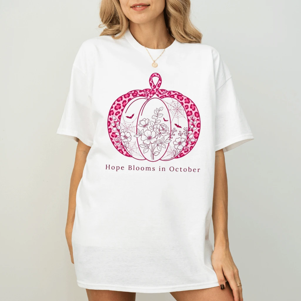 Hope Blooms In October Leopard Pink Pumpkin T-shirt| Breast Cancer Gifts for Her - back view