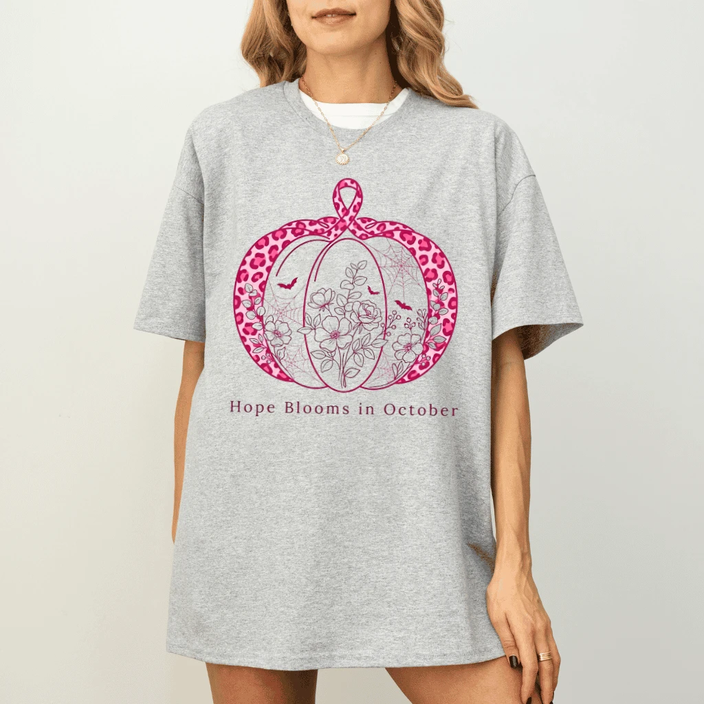 Hope Blooms In October Leopard Pink Pumpkin T-shirt| Breast Cancer Gifts for Her - detail view