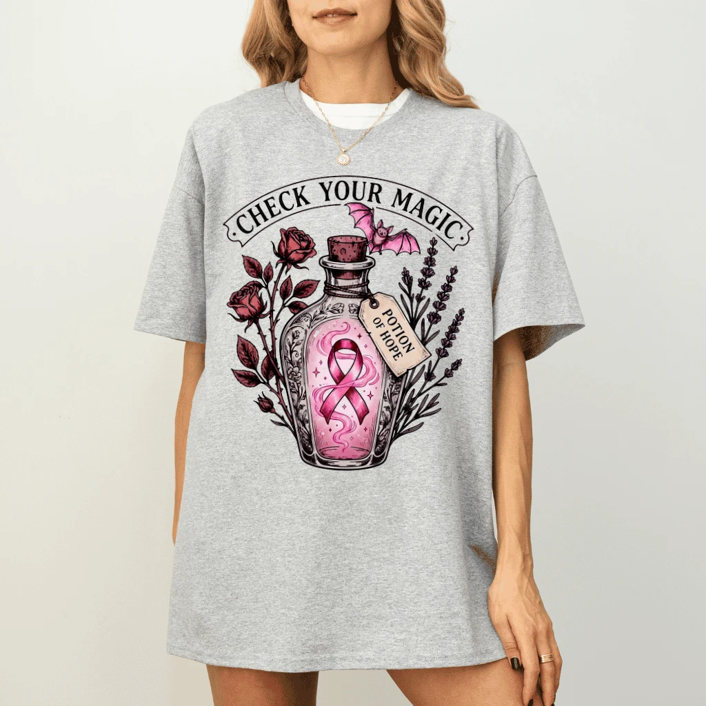 Check Your Magic Potion of Hope Pink Ribbon T-shirt| Breast Cancer Survivor Gift for Her - detail view
