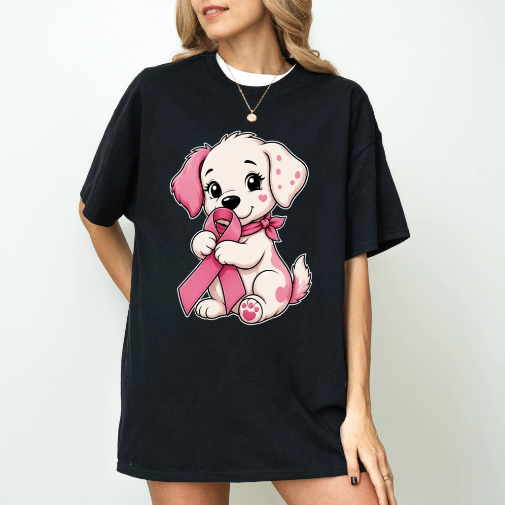 In October We Wear Pink Ribbon T-shirt| Cute Pink Puppy Gift for Breast Cancer Fighter - back view