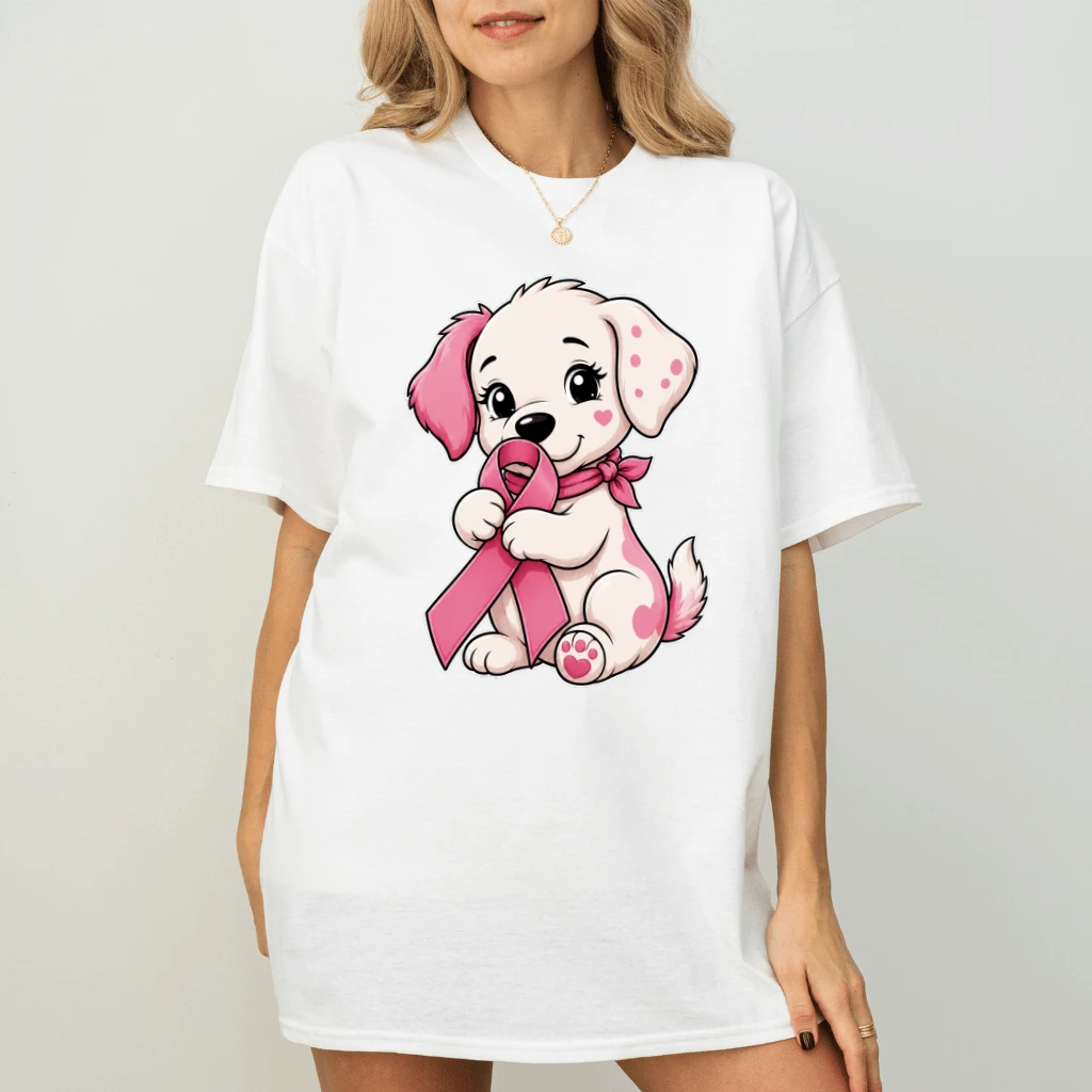 In October We Wear Pink Ribbon T-shirt| Cute Pink Puppy Gift for Breast Cancer Fighter - detail view