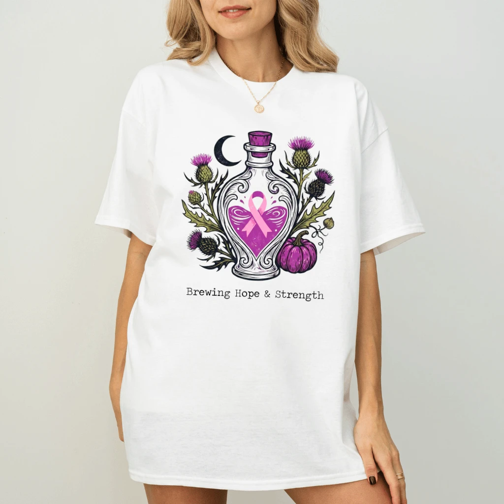 Brewing Hope & Strength Witchy Potion Pink Ribbon T-shirt| Breast Cancer Gifts for Her - back view