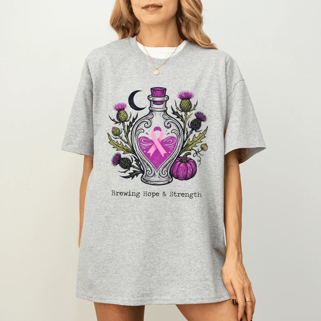 Brewing Hope & Strength Witchy Potion Pink Ribbon T-shirt| Breast Cancer Gifts for Her - detail view