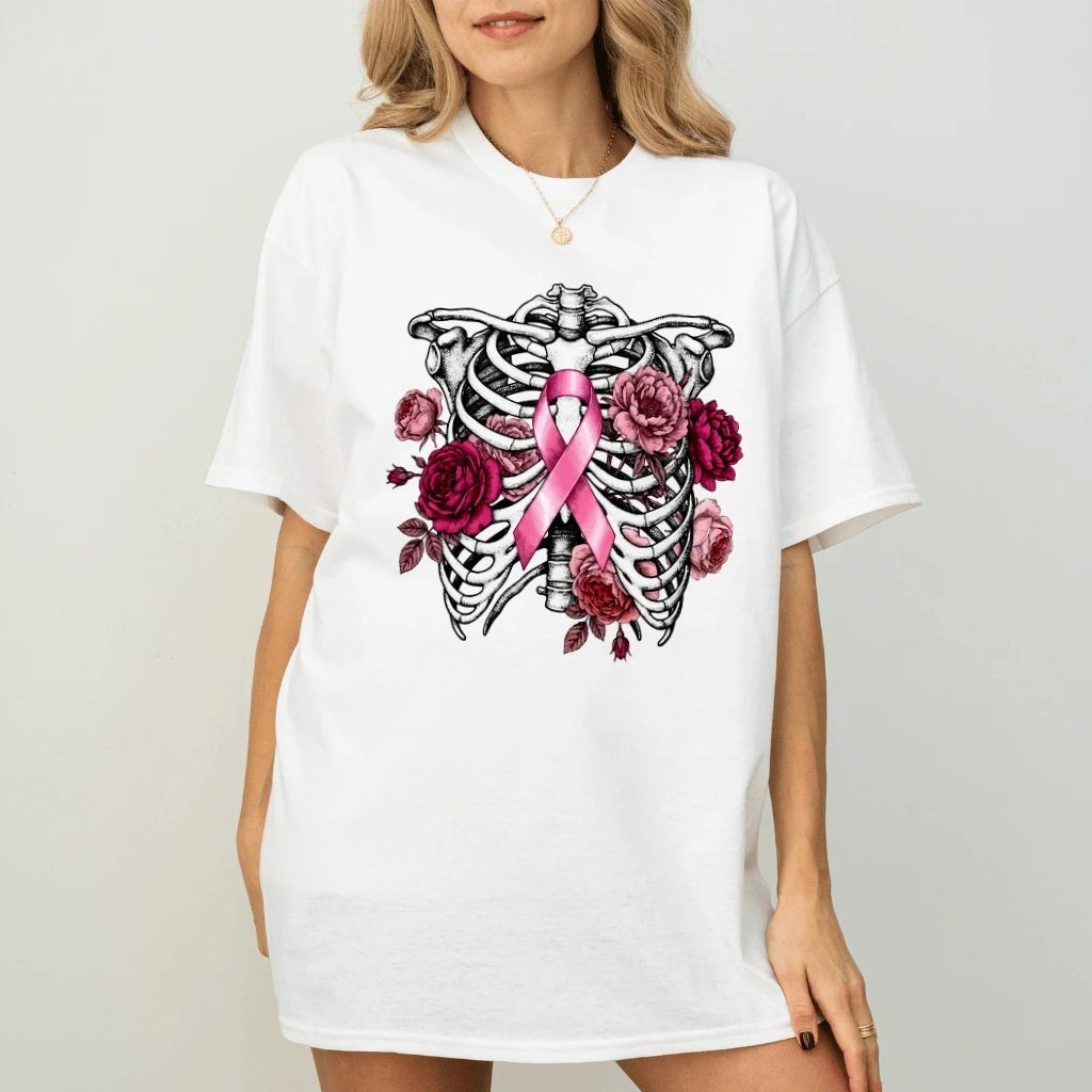 Pink Ribbon Floral Skeleton Ribcage Breast Cancer Awareness T-shirt | Survivor Support Gift for Her - back view