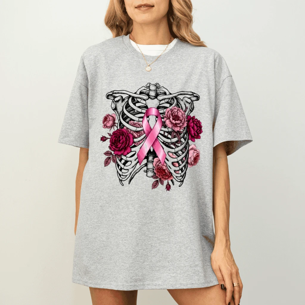 Pink Ribbon Floral Skeleton Ribcage Breast Cancer Awareness T-shirt | Survivor Support Gift for Her - detail view