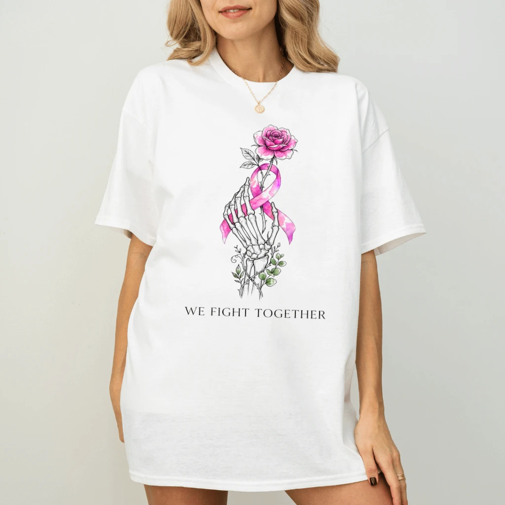 We Fight Together Floral Pink Ribbon T-shirt| Breast Cancer Gifts for Her - back view