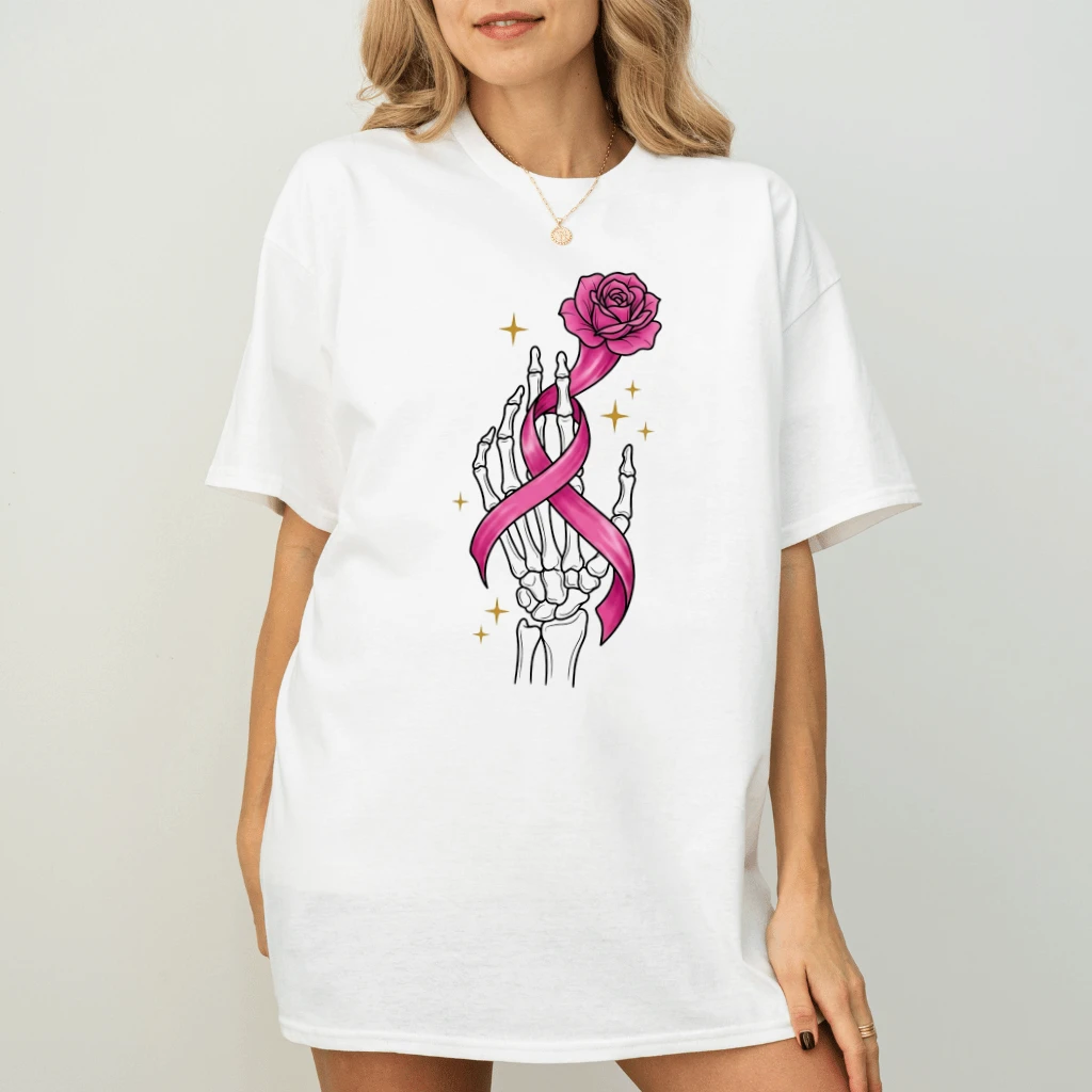Rose Skeleton Hand with Pink Ribbon T-shirt for women | Ideal Gift for Breast Cancer Fighter - back view