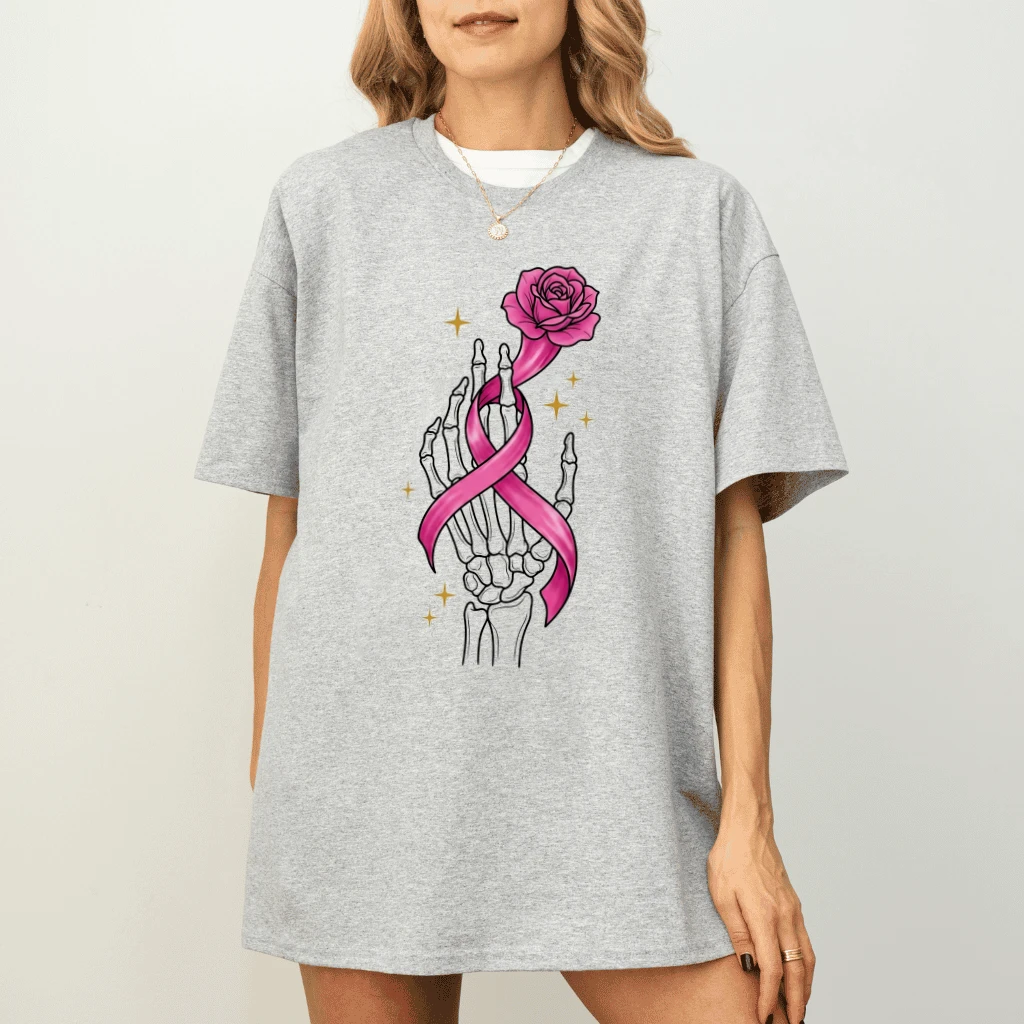 Rose Skeleton Hand with Pink Ribbon T-shirt for women | Ideal Gift for Breast Cancer Fighter - detail view