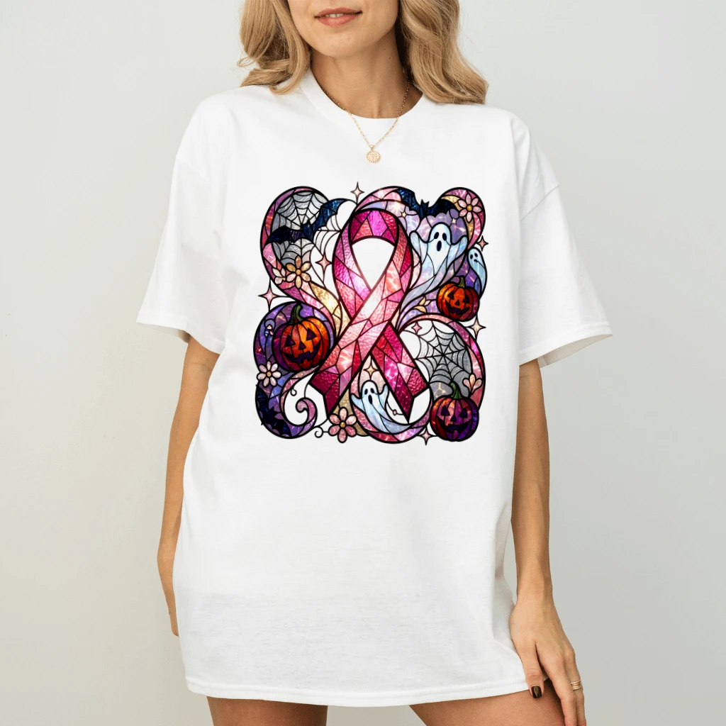 Stained Glass Pink Ribbon Spooky Halloween T-shirt| Breast Cancer Awareness Gift for Her - back view