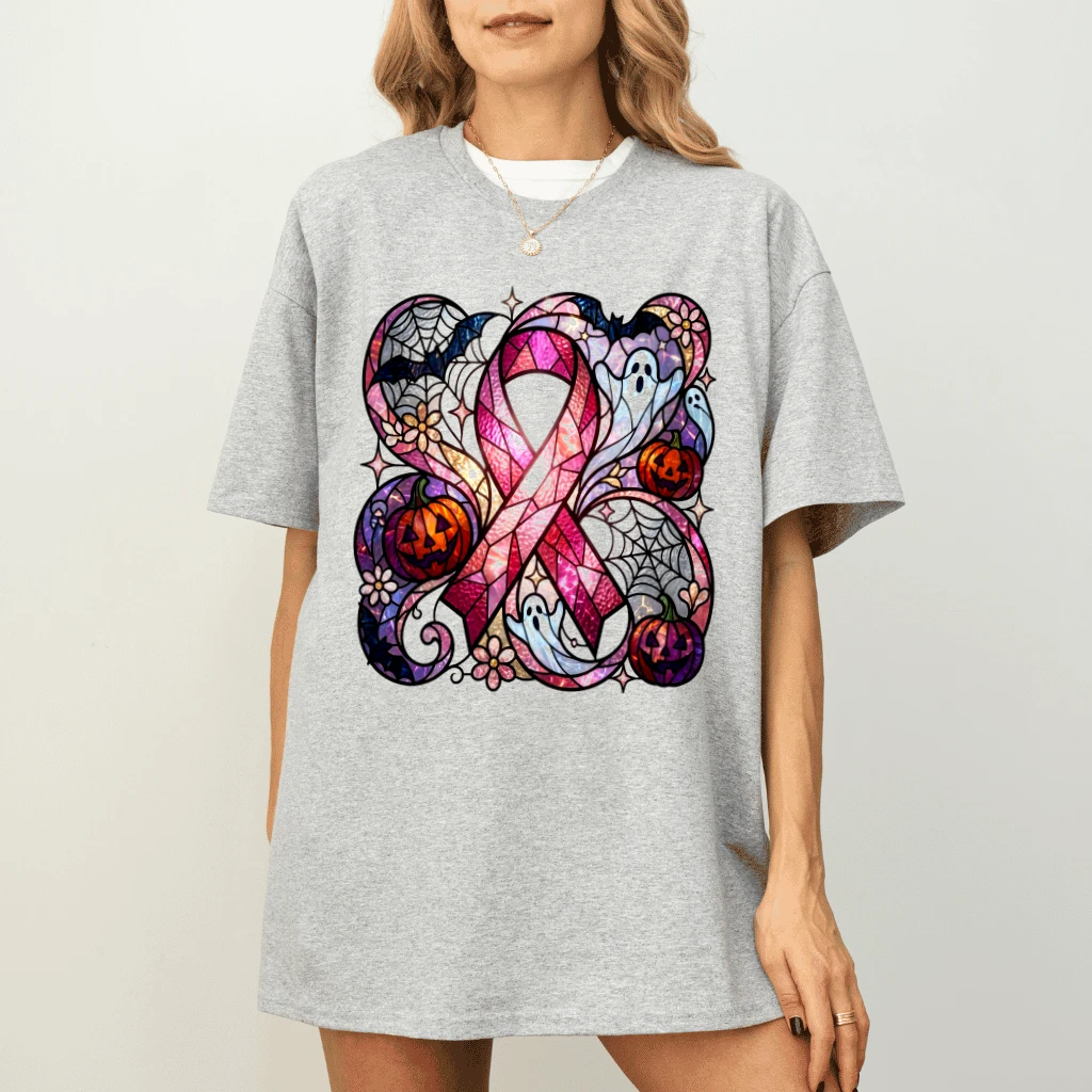 Stained Glass Pink Ribbon Spooky Halloween T-shirt| Breast Cancer Awareness Gift for Her - detail view