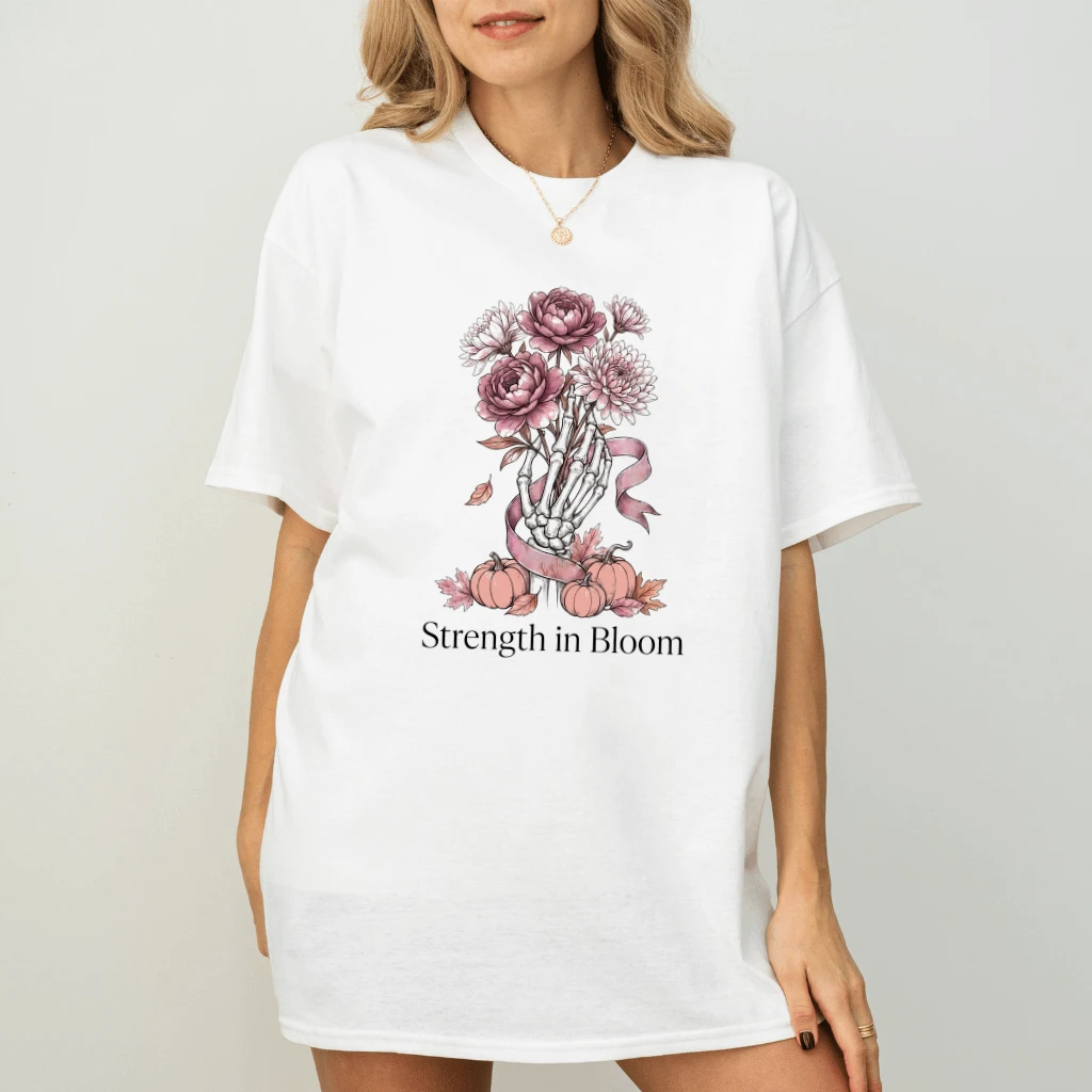 Strength In Bloom Breast Cancer Awareness T-shirt| Pink Flowers Pumpkin Fall Season Gift for Her - back view