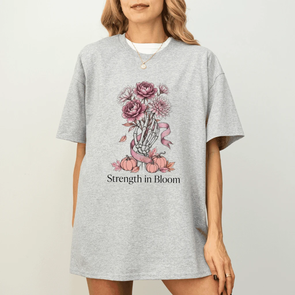 Strength In Bloom Breast Cancer Awareness T-shirt| Pink Flowers Pumpkin Fall Season Gift for Her - detail view