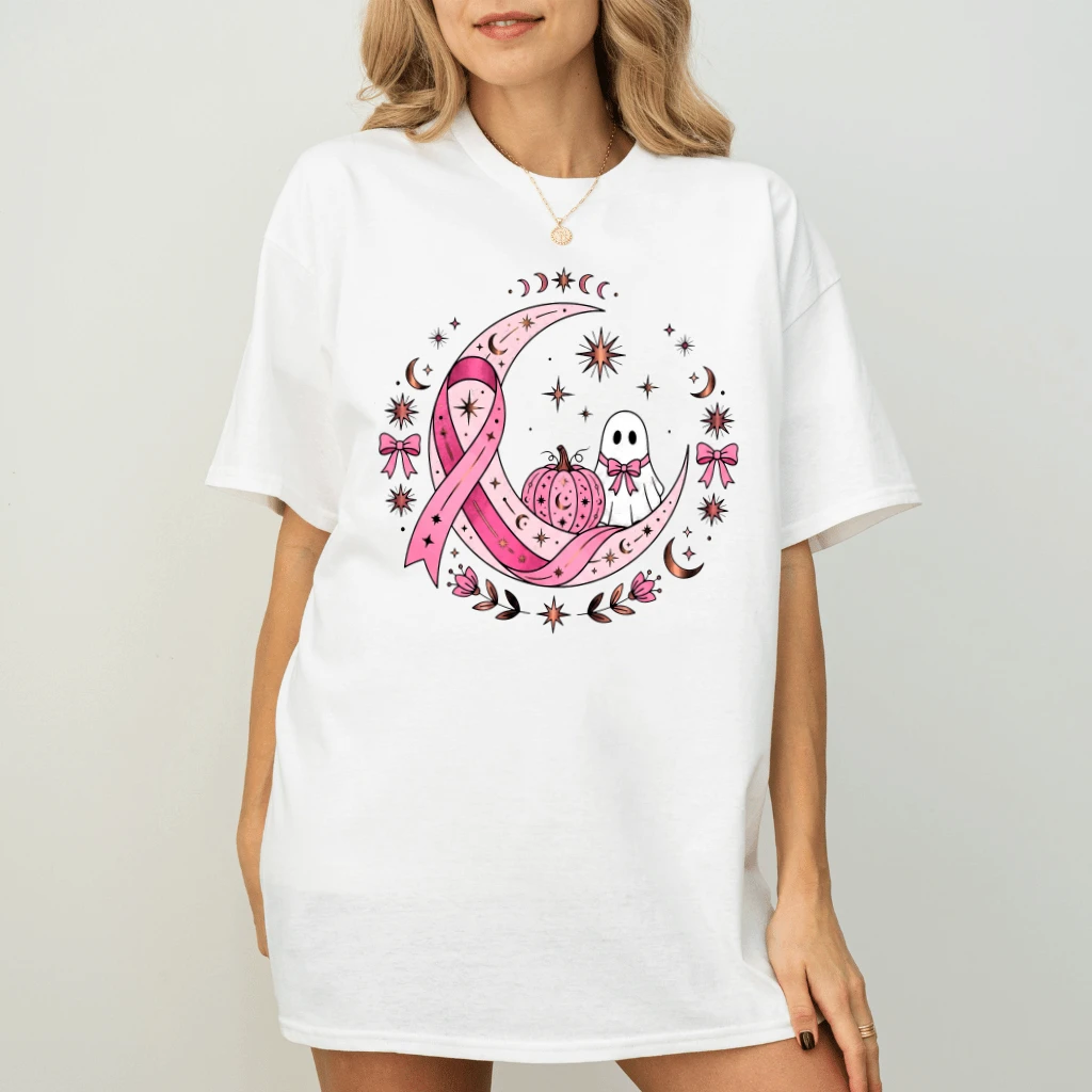 Cute Pink Ribbon Moon Spooky Ghost Halloween T-shirt| Breast Cancer Awareness Gift for Her - back view