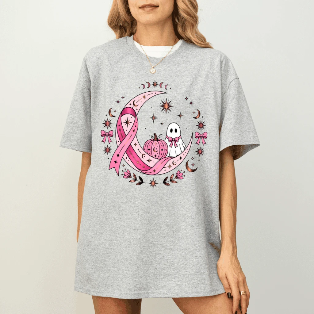 Cute Pink Ribbon Moon Spooky Ghost Halloween T-shirt| Breast Cancer Awareness Gift for Her - detail view