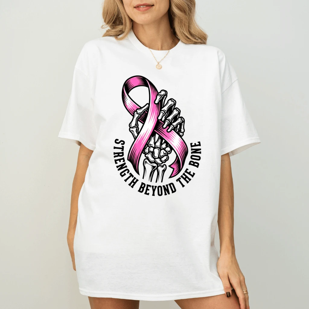 Strength Beyond The Bone Breast Cancer Awareness T-shirt| Skeleton Hand Pink Ribbon Halloween Gift for Her - back view