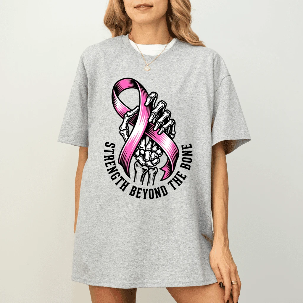 Strength Beyond The Bone Breast Cancer Awareness T-shirt| Skeleton Hand Pink Ribbon Halloween Gift for Her - detail view