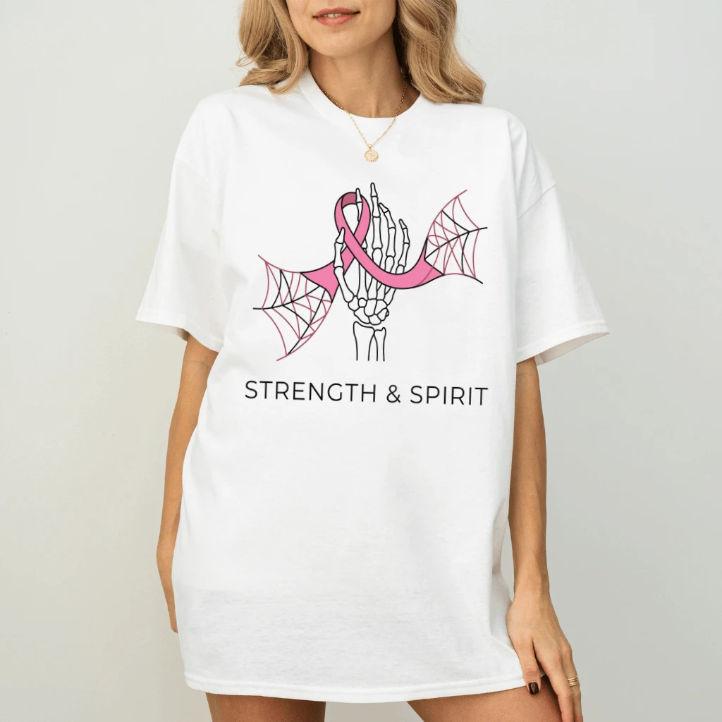 Strength & Spirit Breast Cancer Awareness T-shirt| Pink Ribbon Spider Web Halloween Gift for Her - back view