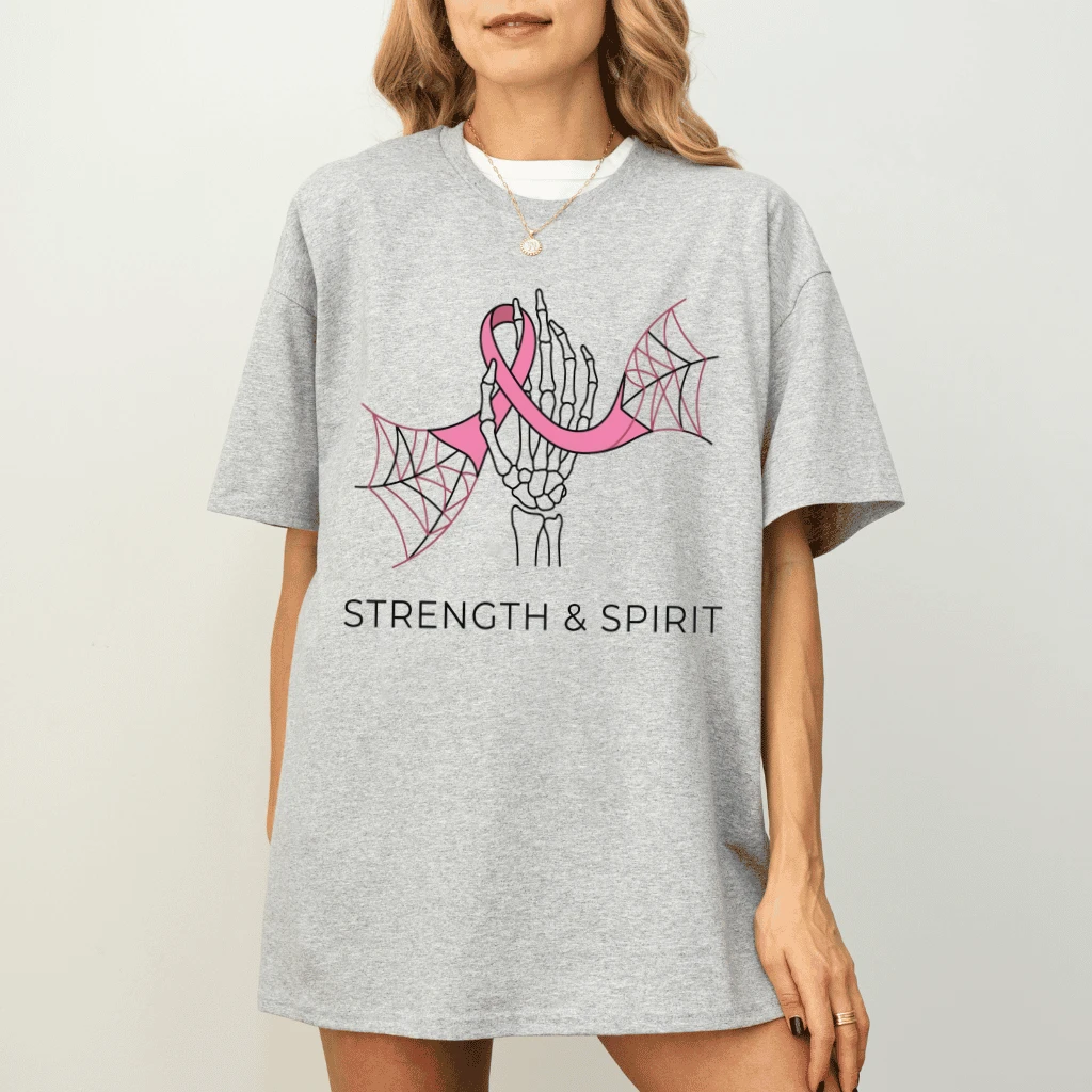 Strength & Spirit Breast Cancer Awareness T-shirt| Pink Ribbon Spider Web Halloween Gift for Her - detail view