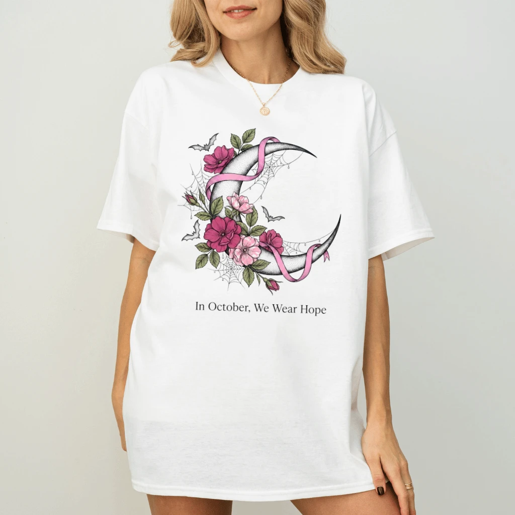 In October We Wear Hope Crescent Moon Floral Pink Ribbon T-shirt| Breast Cancer Awareness Gift for Her - back view