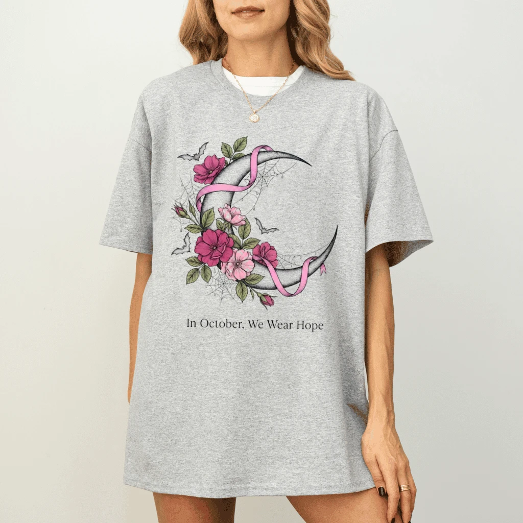 In October We Wear Hope Crescent Moon Floral Pink Ribbon T-shirt| Breast Cancer Awareness Gift for Her - detail view