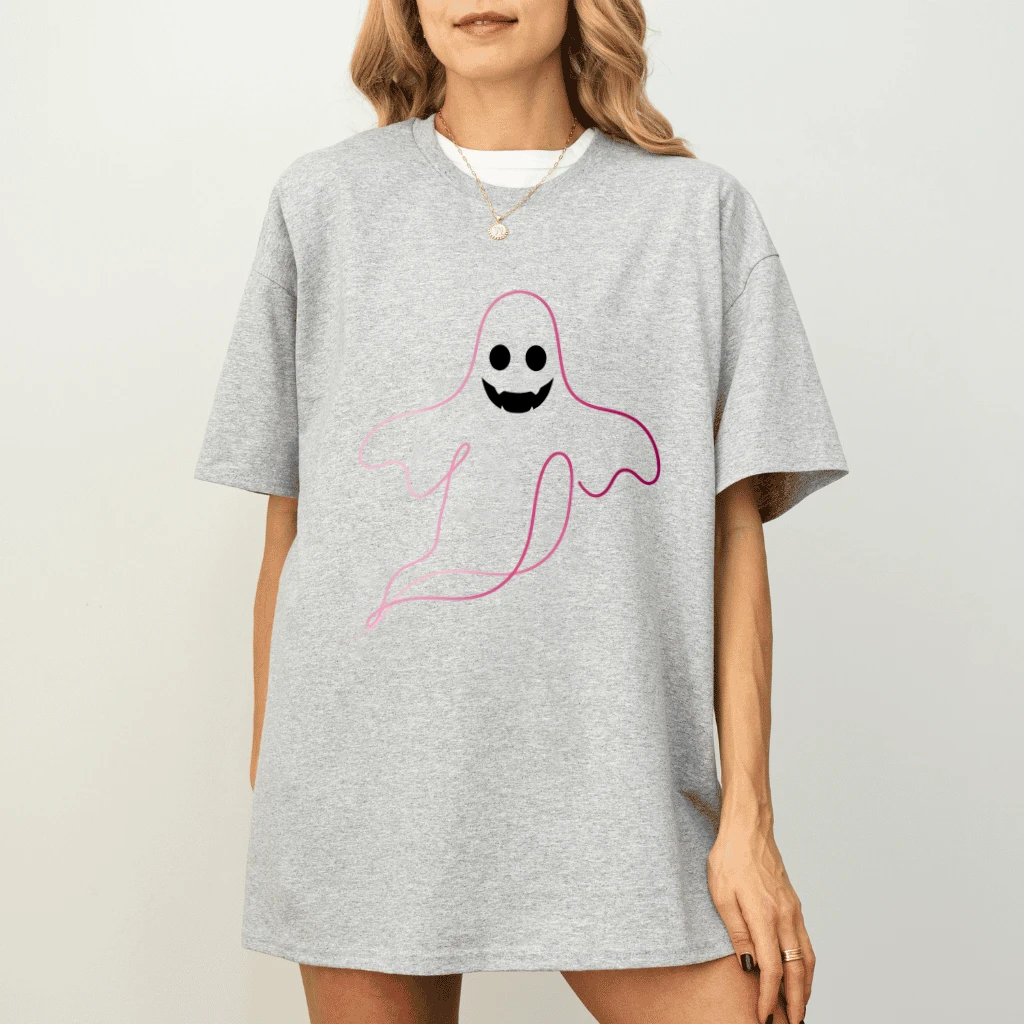 Funny Pink Halloween Ghost T-shirt | Cute Breast Cancer Awareness Gift for Her - detail view