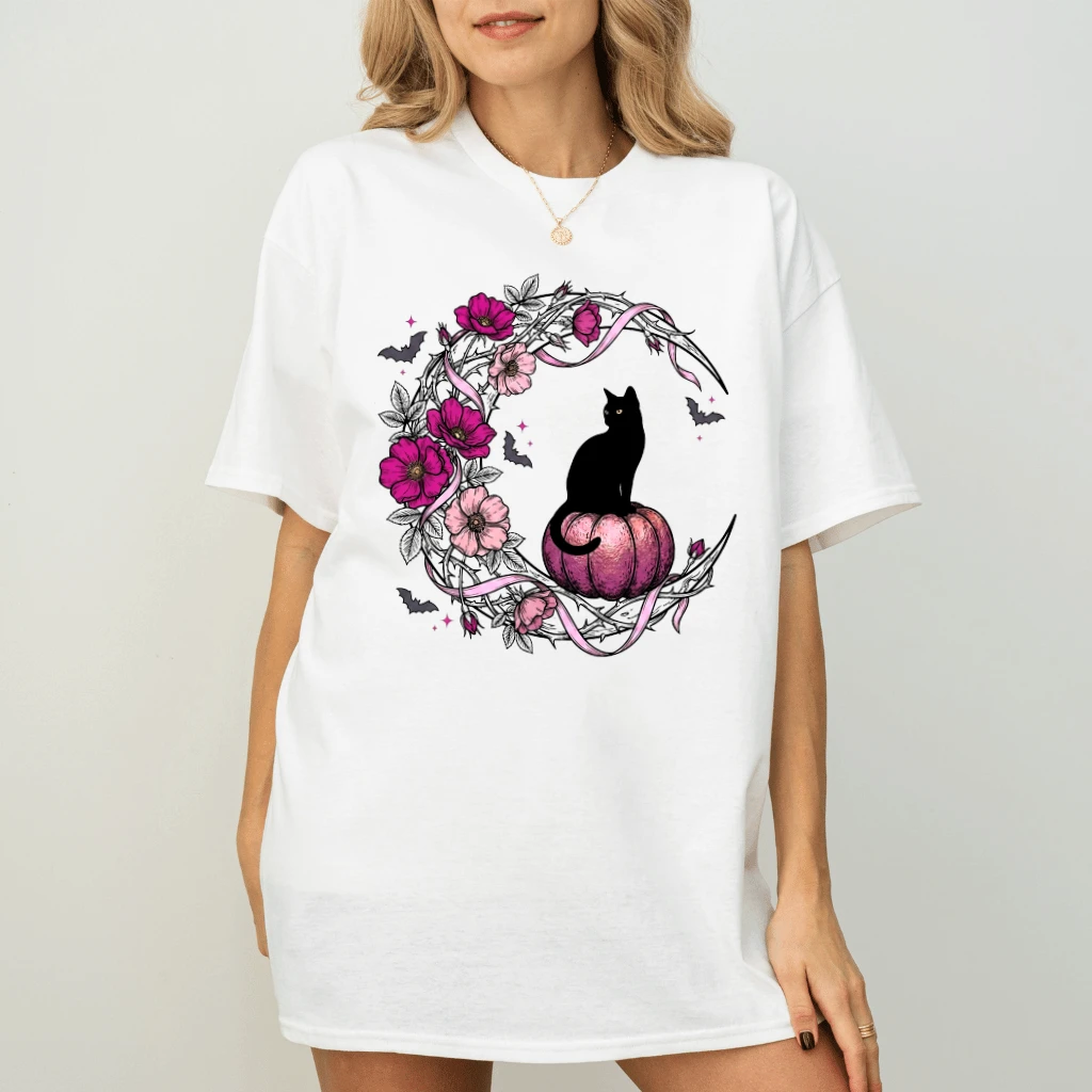 Black Cat Pink Pumpkin Breast Cancer Awareness Halloween T-shirt| Floral Moon Spooky Season Gift for Her - back view