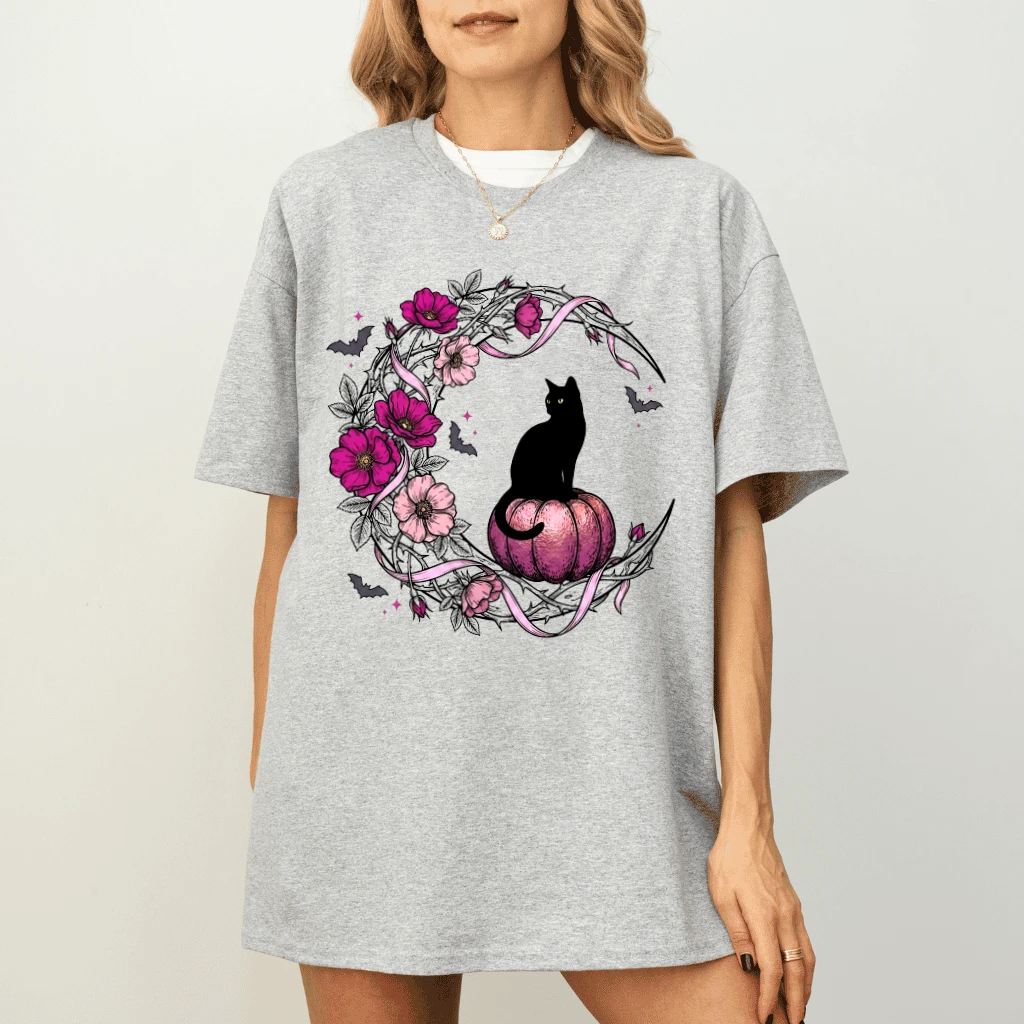 Black Cat Pink Pumpkin Breast Cancer Awareness Halloween T-shirt| Floral Moon Spooky Season Gift for Her - detail view